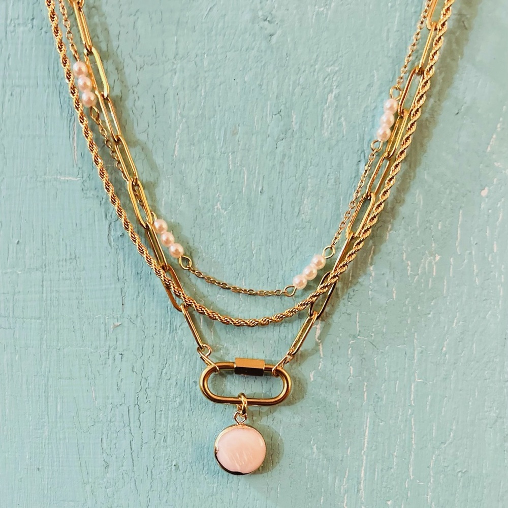 18k gold plated stainless steel layered necklace with Carabiner and pearl accent